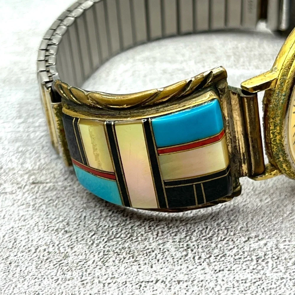 Watch Tip Albert Yazzie Gold Watch 925 Colorful Turquoise Onyx MOP Coral VTG